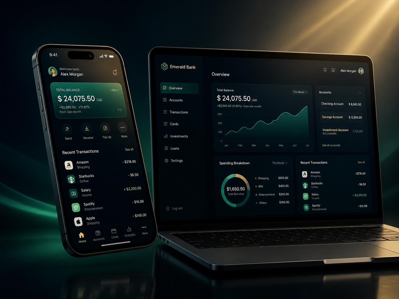 Digital banking dashboard on phone and laptop